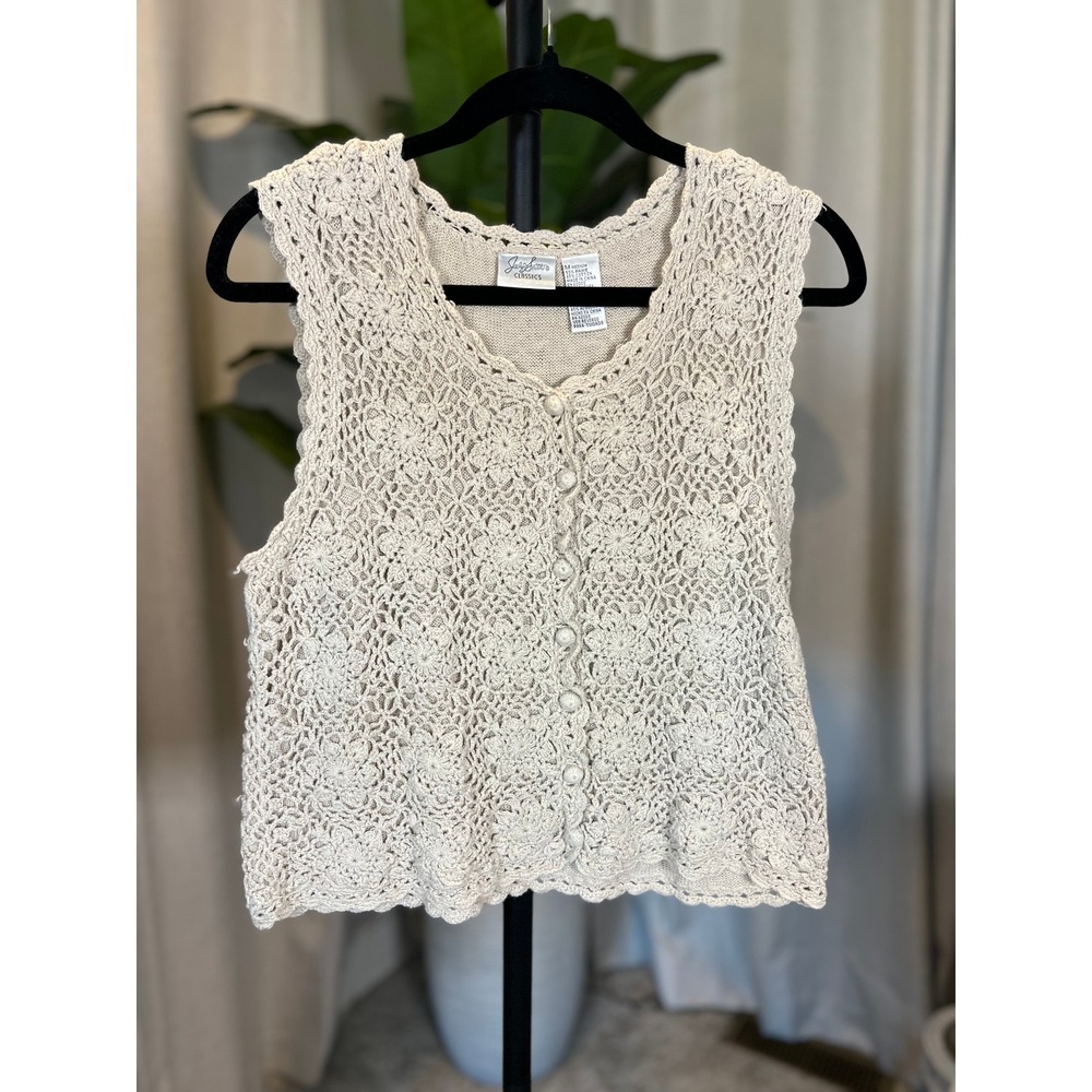 Vintage Jaclyn Smith Classics Beige Crochet Knit Floral Button Front Vest Medium
